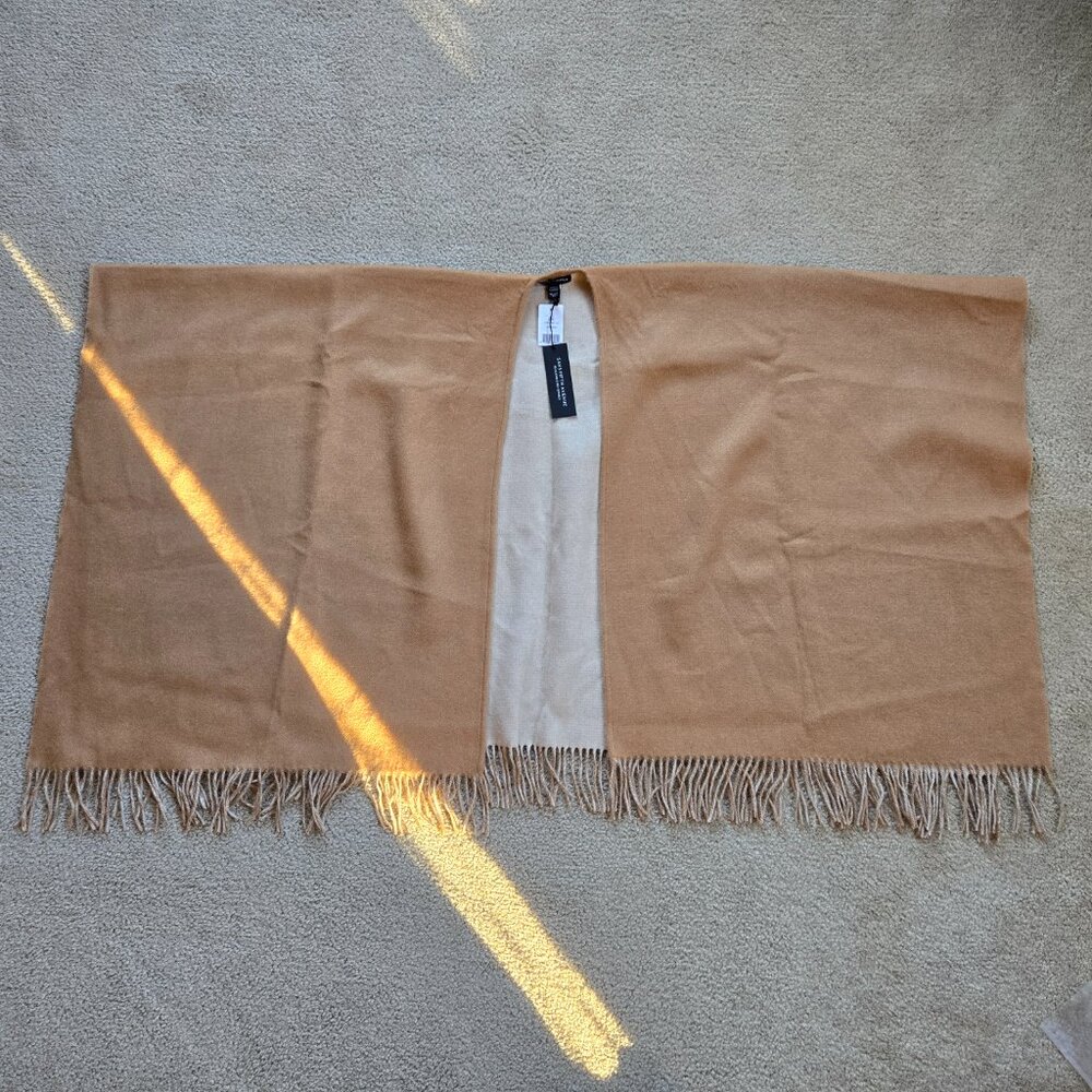 NWT Saks Reversible Merino Wool Wrap Tan & Ivory